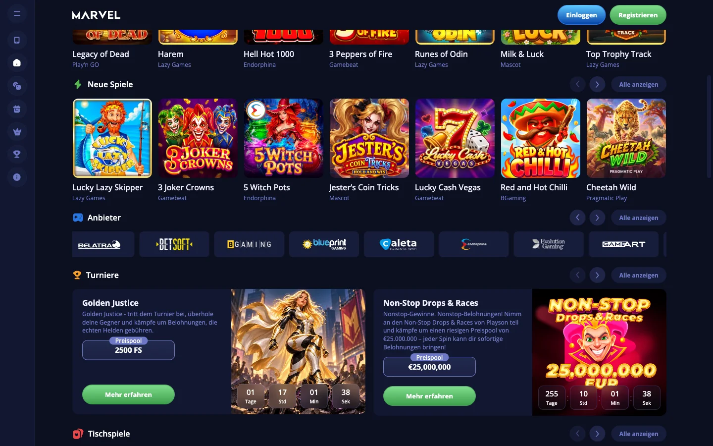 Spielelobby von Marvel Casino mit Kategorieleiste, in der die 15 € ohne Einzahlung eingesetzt werden können